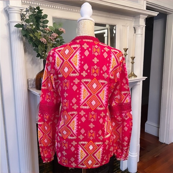 TORY BURCH 100% Cotton Pink & Orange Crotchet/Tassel Longsleeve Tunic Top Sz 6 - Picture 11 of 13